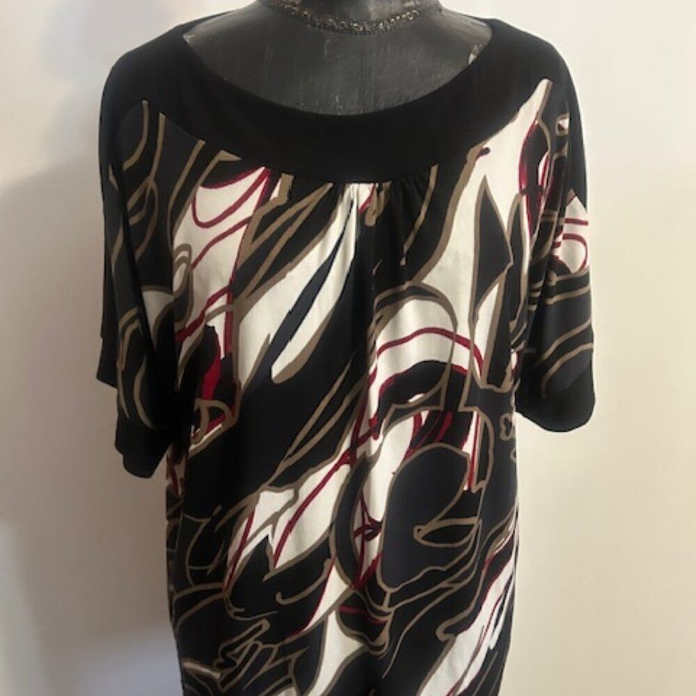 Dana Buchman Black/Red/Tan printed tunic, size L